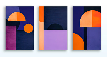 Three vertical posters with geometric dark blue and orange shapesの素材
