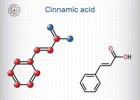 Cinnamic acid molecule. Structural chemical formula, molecule model. Sheet of paper in a cage. Vector illustrationのイラスト素材