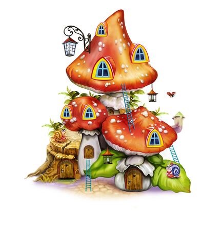Fairytale mushroom house with doors, windows and steps and lanterns, dwelling fairies and bugs, forest fantasy, isolated image on a white backgroundの写真素材