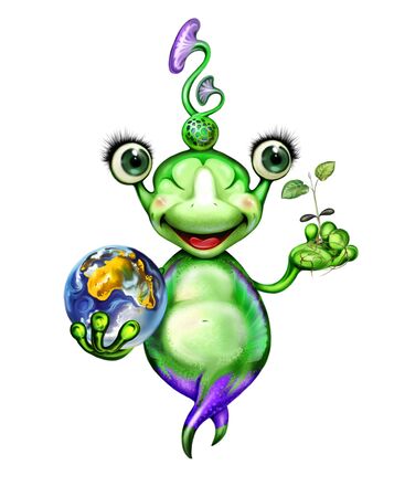 cute aliens with planet Earth and sprout in hands, conservation of ecosystem, nature, isolated character on white backgroundの写真素材