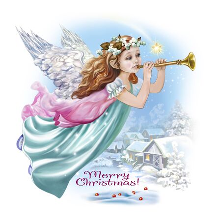 angel with a trumpet above houses in the snow and a falling Christmas starの写真素材
