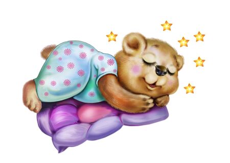 little bear is sleeping sweetly, a young animal sees a dream, a cartoon character on a white backgroundの写真素材