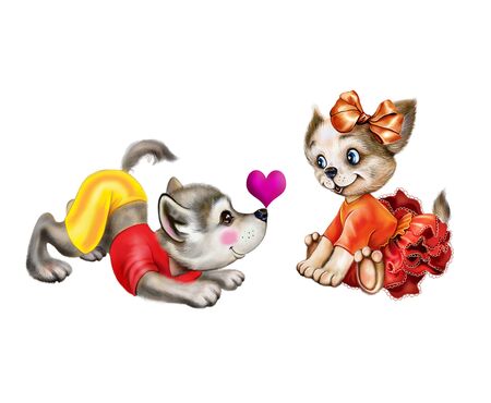 two funny puppies are playing, cartoon animals, a wolf cub gives a girlfriend a heart, an original greeting card with Valentine's Day, isolated characters on a white backgroundの写真素材