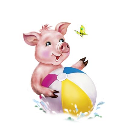 funny piggy bathes in the river with a ball, splashes fly, cheerful animal, isolated character on white backgroundの写真素材