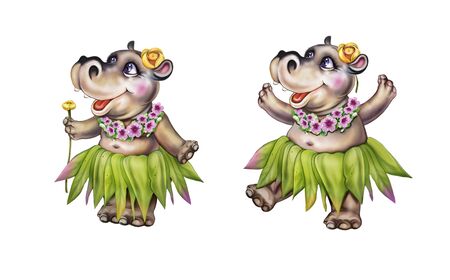 funny hippo dancing, girl in a skirt of palm leaves, cartoon animal with flowers, isolated character on a white backgroundの写真素材