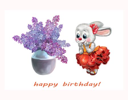 cute bunny in a red dress rejoices at the gift, a bouquet of lilacs in a vase, happy birthday greeting card, isolated character on a white backgroundの写真素材