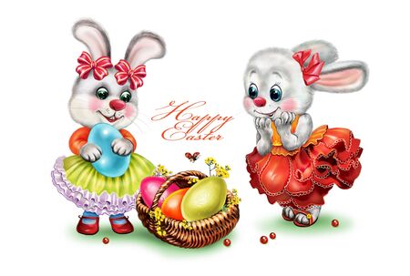 two cute rabbits with a basket of Easter eggs, cartoon bunnies on a white background, congratulation with Easter, postcard.の写真素材