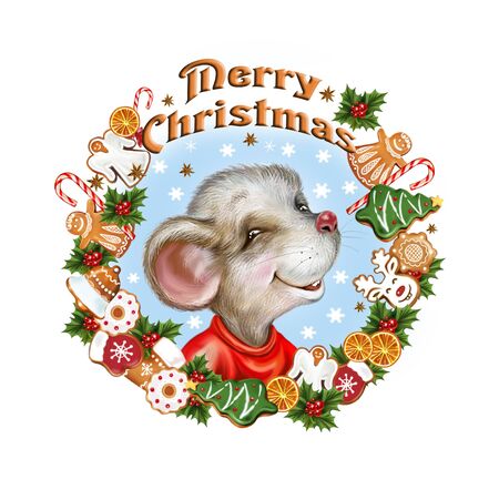 funny mouse at Christmas market, rat with gingerbread cookies and sweets, Merry Christmas and Happy New Year greeting card, isolated image on white backgroundの写真素材