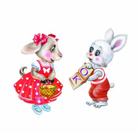 the bunny and the goat learn to read, friends see the letters in the book, cartoon animals in clothes, isolated characters on a white backgroundの写真素材