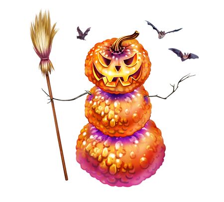 scary pumpkin with a broom and bats, night monster, holiday Halloween, All Saints' Eve, isolated character on a white background
の写真素材