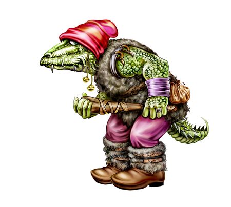 green troll in a red hat with a baton, in skins, a terrible fairy-tale character, isolated on a white backgroundの写真素材