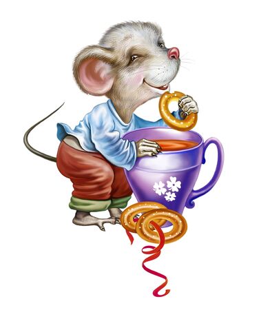 cute little mouse with a cup of tea and a bun, funny cartoon animal, isolated character on a white backgroundの写真素材