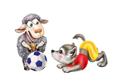 wolf and sheep, cartoon animals playing a soccer ball, concept of good and friendship, isolated characters on a white backgroundの写真素材