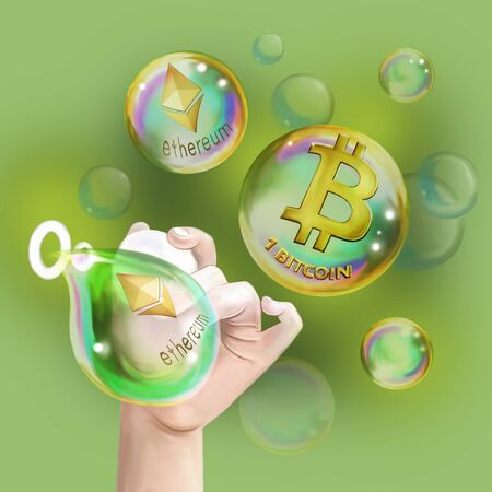 soap bubbles with the image of bitcoin and etherium, virtual crypto-currenciesの写真素材