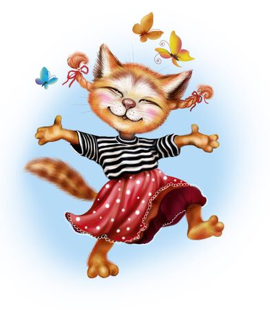 cheerful cat jumps and dances with happinessの写真素材