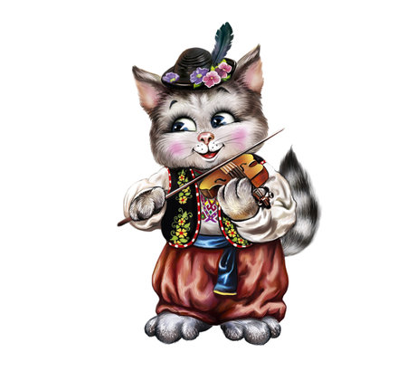 funny cat in clothes playing a violin, cartoon animal with a musical instrument, isolated character on white backgroundの写真素材