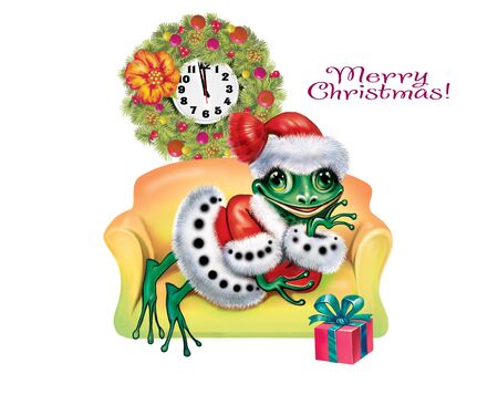 funny frog is waiting for Christmas, greeting card with a happy New Year, cartoon animal in a New Year's suit with a gift, clock and Christmas decorations, isolated character on a white backgroundの写真素材