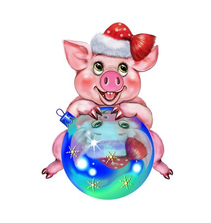 funny pig with a Santa Claus hat, cartoon piglet - a symbol of the new year, a greeting card with a Christmas, an isolated character on a white backgroundの写真素材