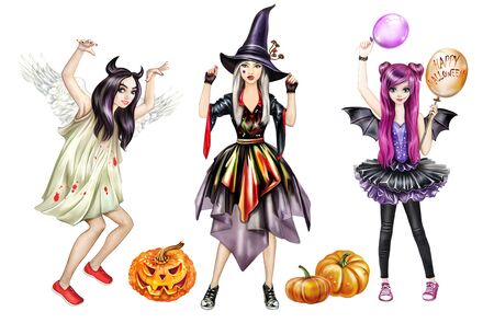 Halloween party, beautiful girls in witch costumes and evil spirits, All Saints' Eve, pumpkins and balloons, paper dolls, isolated characters on a white backgroundの写真素材