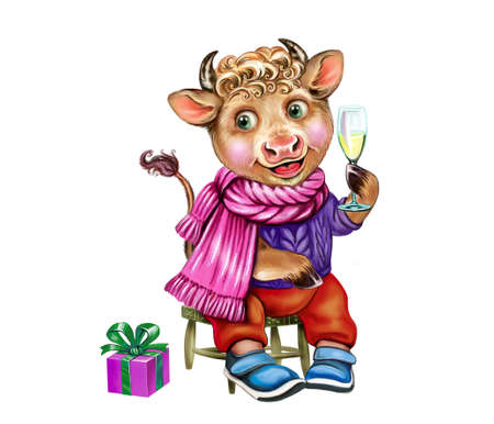 funny bull - a symbol of the New Year according to the Chinese horoscope, a little cartoon goby with a glass of champagne, Merry Christmas greeting card, isolated character on a white backgroundの写真素材