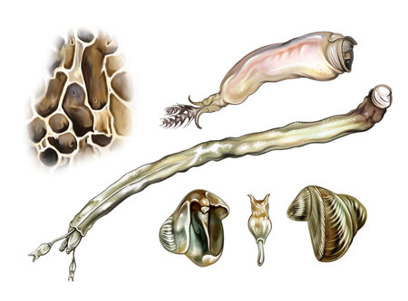 Shipworms (family Teredinidae), realistic drawing, structure of a mollusk, holes in the wood, illustration for the encyclopedia of animals, inhabitants of the seas and oceans, isolated image on a white backgroundの写真素材