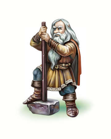 severe gnome with hammer, hero of norse mythology, warlike zwerg, isolated character on white backgroundの写真素材