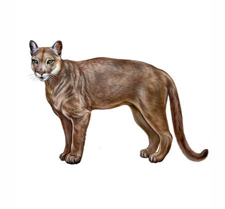 Puma concolor couguar, realistic drawing, illustration for encyclopedia of extinct animals, black...