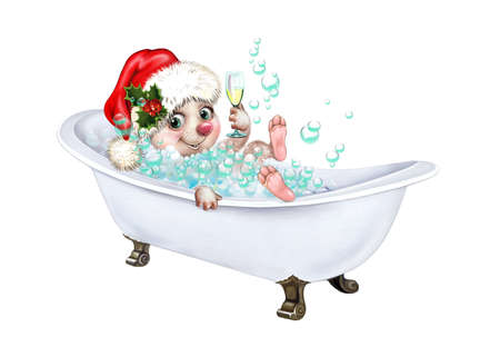 a funny bunny in a Santa hat and with a glass of champagne lies in a bath, a hare is a symbol of the new year 2023 according to the Chinese horoscope, a greeting card, an isolated image on a white backgroundの写真素材