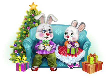 two funny cartoon hares celebrate Christmas in a cozy environment, a bunny is a symbol of the Chinese 2023 new year, a greeting card, an isolated image on a white backgroundの写真素材