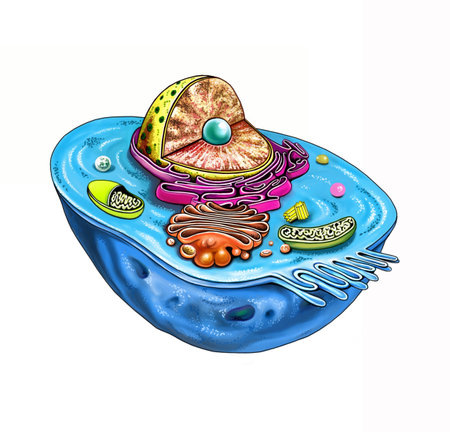 animal cell structure, color illustration, detailed diagram, 2D drawing, isolated image on a white backgroundの写真素材