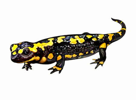 Fire spotted salamander, tailed amphibian, realistic drawing, illustration for animal encyclopedia, isolated image on white backgroundの写真素材