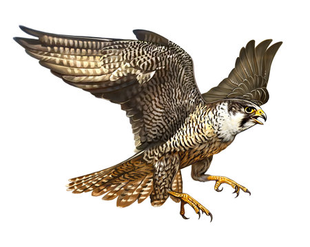 Peregrine Falcon, Falco peregrinus, realistic drawing, bird of prey, fastest animal on earth, illustration for encyclopedia of birds, isolated image on white backgroundの写真素材