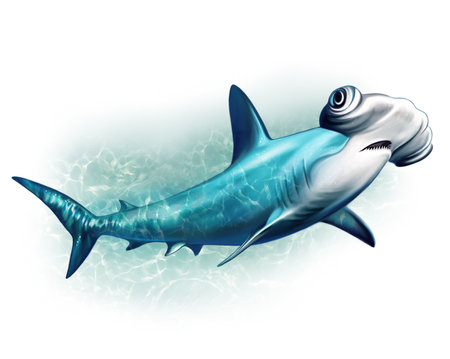 Giant hammerhead shark, Sphyrna mokarran, realistic drawing, illustration for fish encyclopedia, isolated image on white backgroundの写真素材