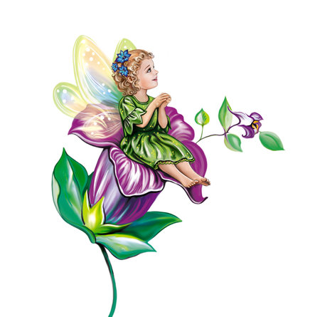 little cute fairy on a flower, illustration for a fairy tale, isolated character on a white backgroundの写真素材