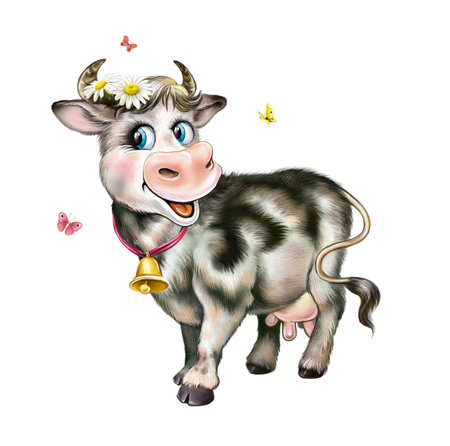 cute funny spotted cow, children's book illustration, isolated character on white backgroundの写真素材