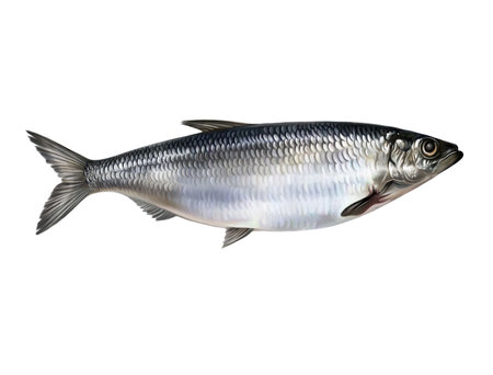 Herring, Clupea, a valuable commercial fish, inhabitant of the Atlantic, Pacific, Arctic oceans, realistic drawing, illustration for an animal encyclopedia, isolated image on a white backgroundの写真素材