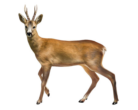 European roe deer, wild goat, CapreÃ³lus, artiodactyl animal of the deer family, realistic drawing, illustration for encyclopedia, isolated image on white backgroundの写真素材