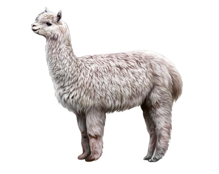 Alpaca, Lama pacos, Vicugna pacos, domestic callus animal, realistic drawing, illustration for encyclopedia of animals of South America, isolated image on white backgroundの写真素材