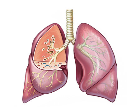 the structure of the human lungs, a diagram in a section, a color illustration for study, an isolated image on a white backgroundの写真素材