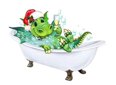 Funny dragon in a bath with a glass of champagne, a symbol of 2024 according to the Eastern calendar, Merry Christmas greeting card, isolated image on a white backgroundの写真素材