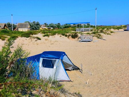 tent on the sandy beachの写真素材
