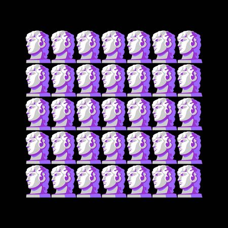 greek portrait, classical sculpture-modern pattern for printing in purple and black. antique head of a young man duplicated. design trend. concept - print on fabric, design of social networks, modernのイラスト素材