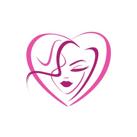silhouette of a female face - heart shaped logo. hairstyle. curl. cosmetology. eyelashes. lipsのイラスト素材