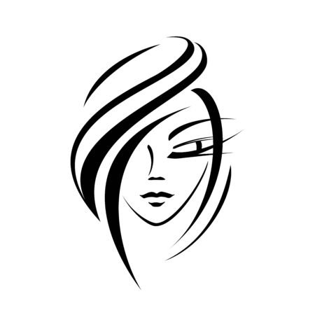 female face - silhouette, flat logo on a white background for cosmetology. the idea is beauty and style. facial features of a young girl - look down. elegant lock of hair, beauty salonのイラスト素材