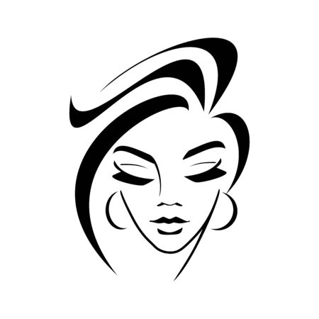 cosmetology, hairstyle, female face silhouette - logo on a white background. young girl, graceful lock of hair, eyelashes, lips. idea - style, hairdresser, beauty salonのイラスト素材