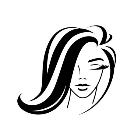 cosmetology, hairstyle, female face silhouette - logo on a white background. young girl, graceful lock of hair, eyelashes, lips. idea - style, hairdresser, beauty salonのイラスト素材
