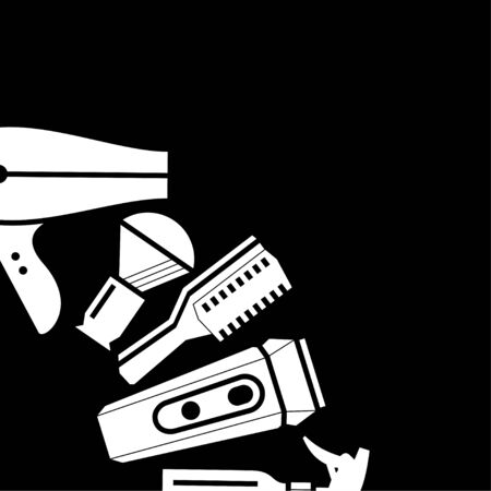 barbershop. Tools for the mens hairdresser are located on the left. black and white illustration, square shape, place for textのイラスト素材