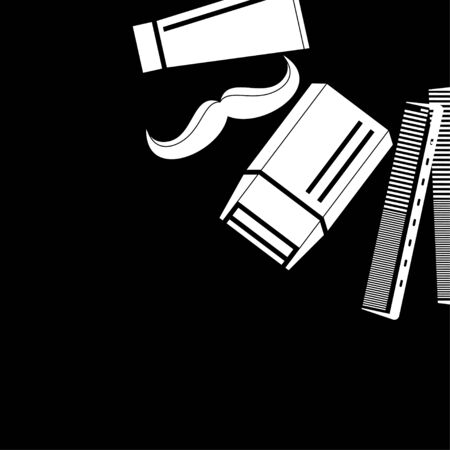 barbershop. Tools for a mens hairdresser in the composition on the right. black and white illustration, square shape, place for textのイラスト素材