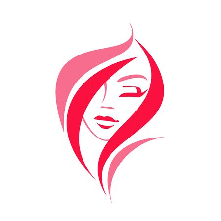 hairstyle - logo. beautiful girl silhouette. hairdresser - colorful icon. curls and the contour of a young face. cosmetology. beauty industry. eyelashes. lips. eyebrowsのイラスト素材