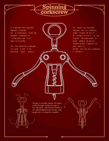 spinning corkscrew - poster and infographic how to open a bottle of wine. corkscrew - a device in the form of a screw metal rod with a ring or handle at the end for pulling bottle caps.のイラスト素材